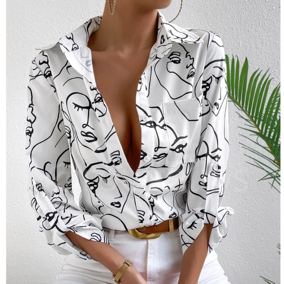 Rouge! Tops - Abstract Face Print White Button Up Down Shirt Chest Pocket Long Sleeve